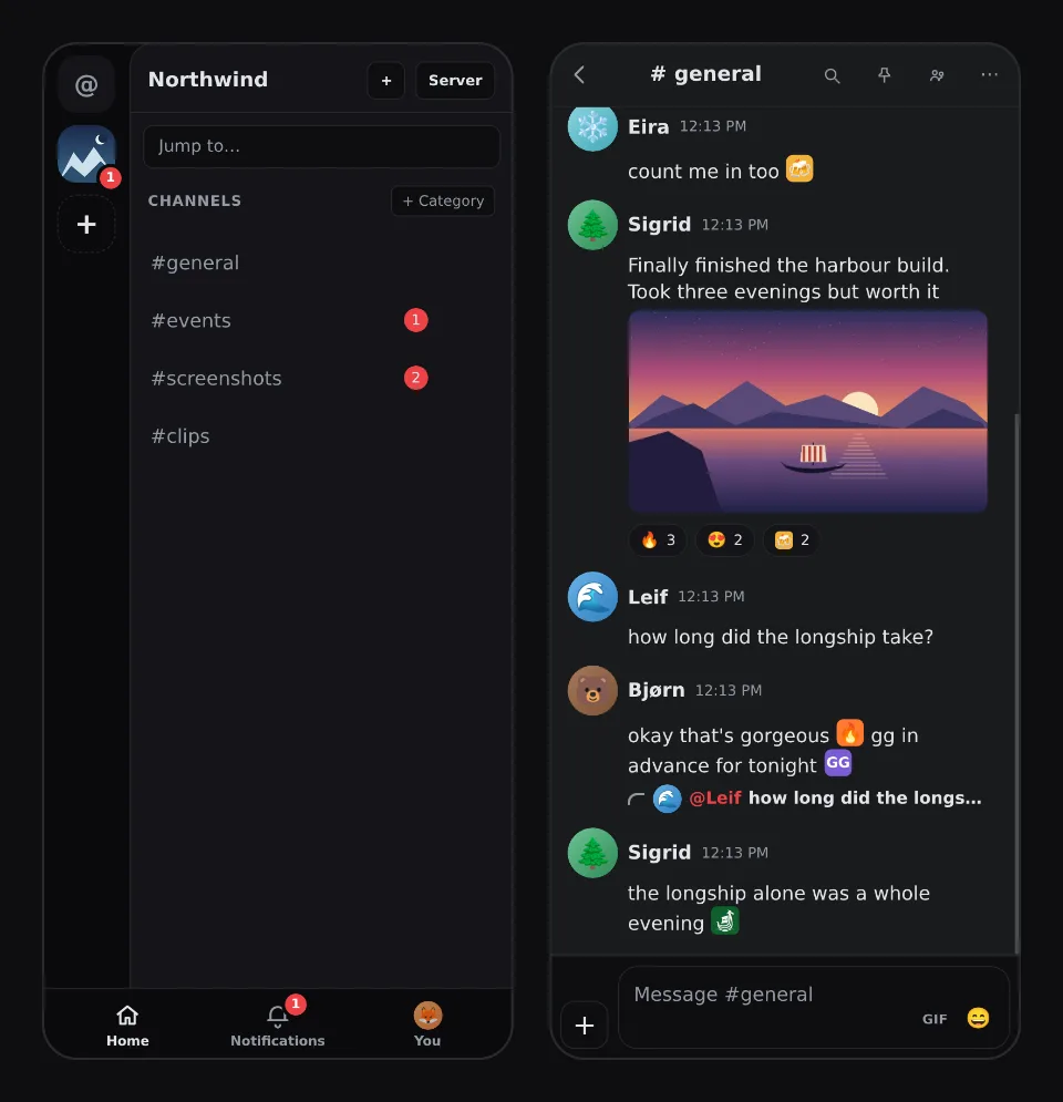 Jorvik in a phone browser, twice: a Space's channel list with unread badges and the Home, Notifications and You tabs, and a conversation.